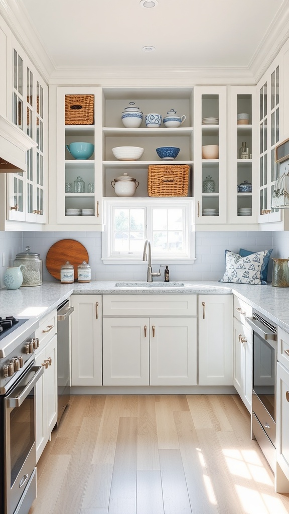 A U-shaped coastal kitchen featuring white cabinetry, blue accents, and natural light, showcasing an organized and inviting space.