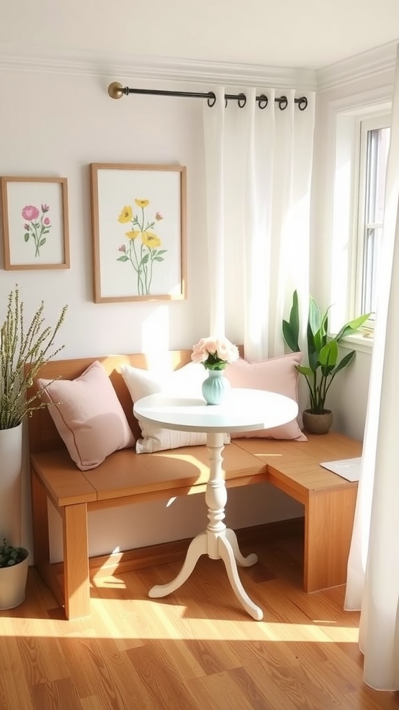 Cozy breakfast nook with wooden seating, soft pillows, floral art, and a small round table with a vase of flowers.