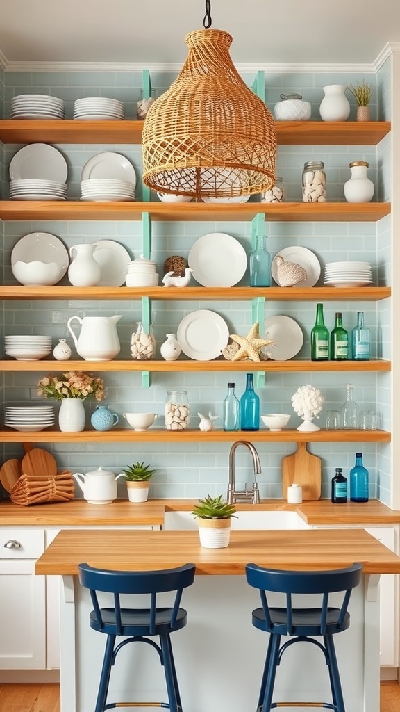 Open shelving in a coastal kitchen displaying white dishes, colorful glass bottles, and beach-themed decor