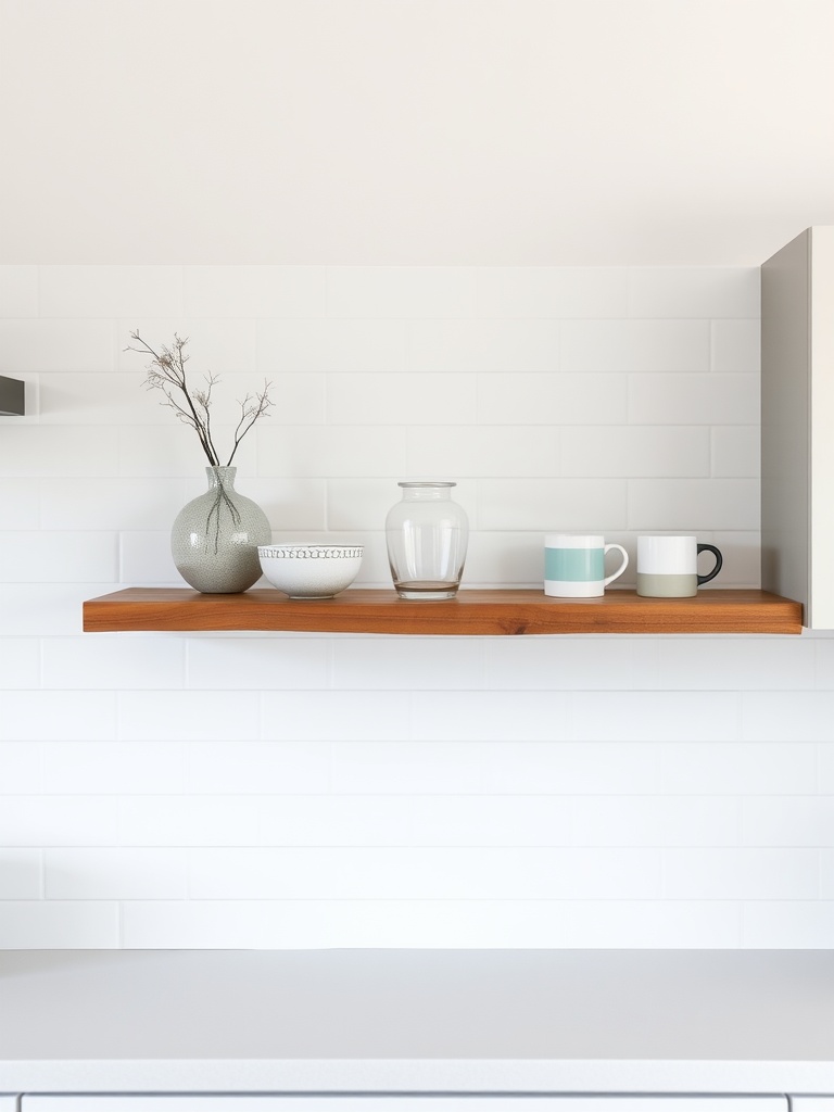 Single wooden shelf adorned with a vase, glass jar, and mugs against a white tiled wall.