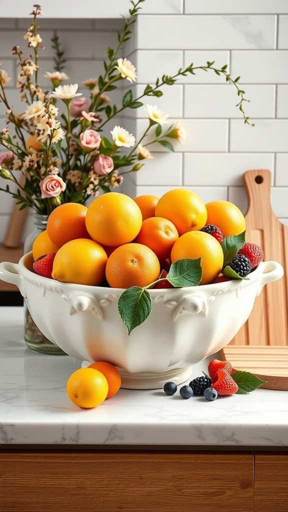 A spring-inspired fruit bowl display with oranges, strawberries, and blueberries, accompanied by flowers in a cozy kitchen setting.