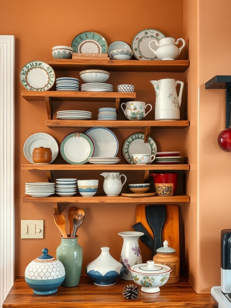 Handcrafted wooden open kitchen shelves displaying a variety of plates and decorative items against an orange wall.