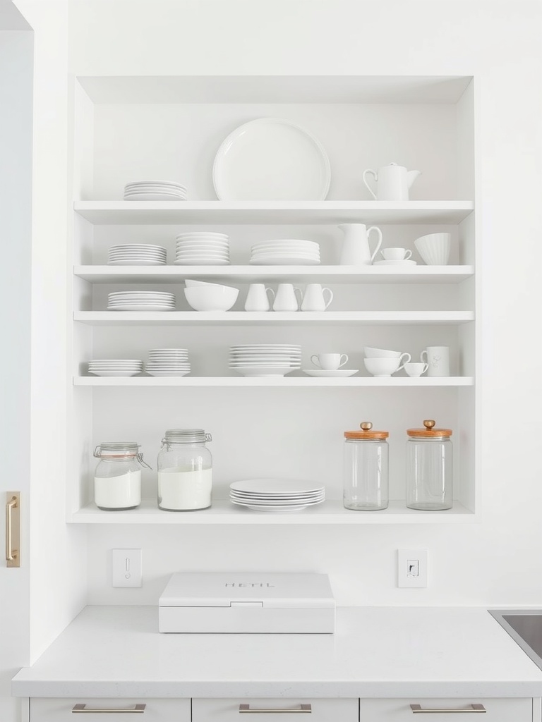 Open kitchen shelves displaying white dishware and glass jars.