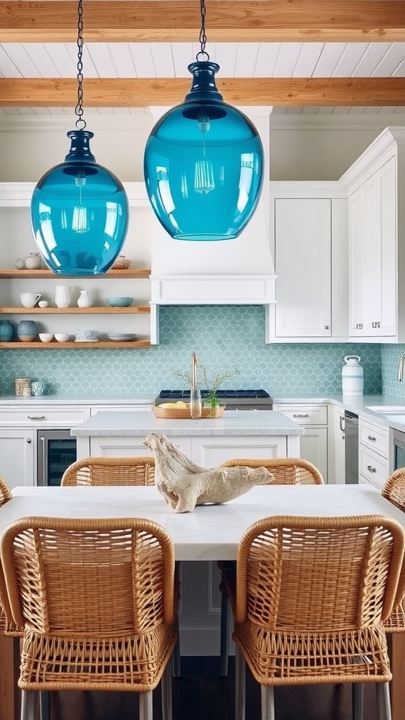 Blue pendant lights hanging over a kitchen table with wicker chairs and a light wood ceiling.