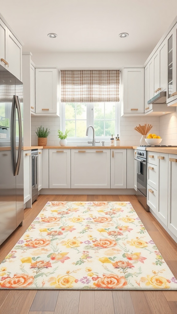 A bright floral rug in a cheerful kitchen setting, featuring white cabinets and wooden accents.