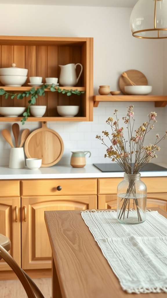 A minimalist kitchen featuring wooden cabinets, open shelves with dishware, and a vase of dried flowers on the table.