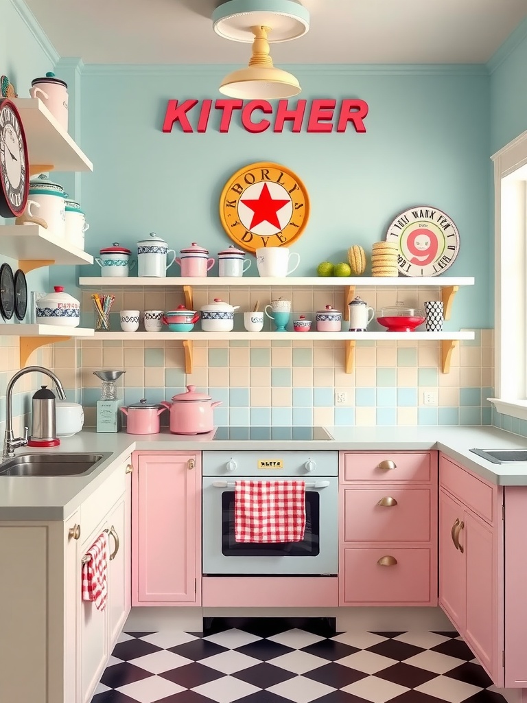 A retro 1950s-style kitchen showcasing open shelving with colorful kitchenware, pink cabinets, and checkered flooring.