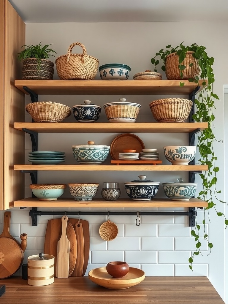 Boho style kitchen shelf with woven baskets, colorful bowls, and green plants