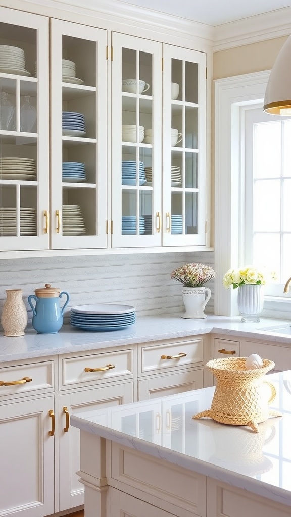 A coastal kitchen featuring elegant glass-front cabinets displaying blue and white dishware and decorative elements.