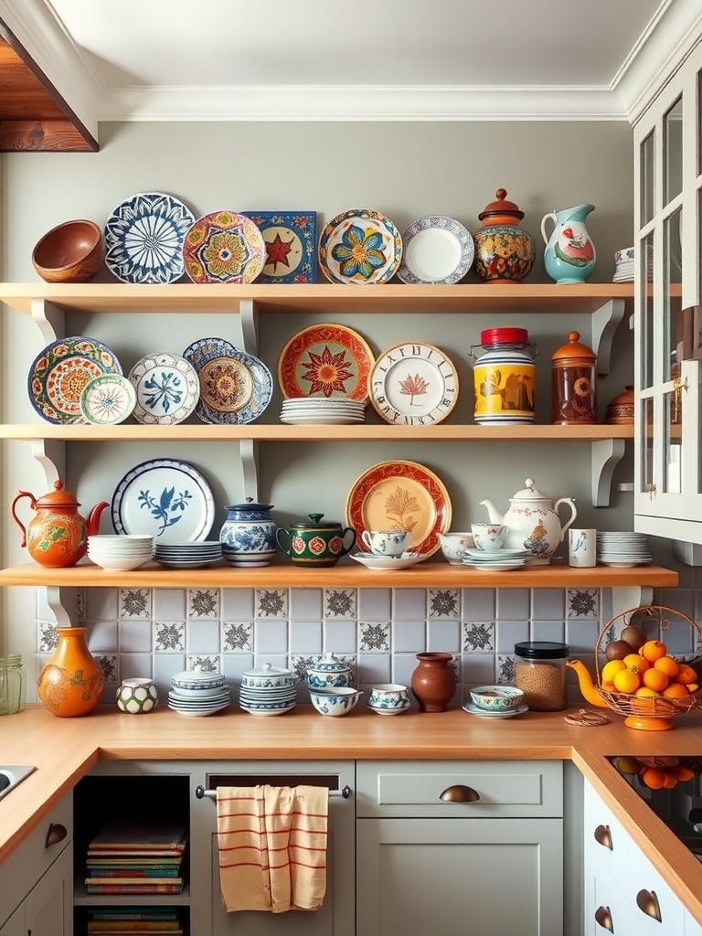 A colorful kitchen shelf with various plates, pots, and a basket of oranges, showcasing global-inspired dishware.