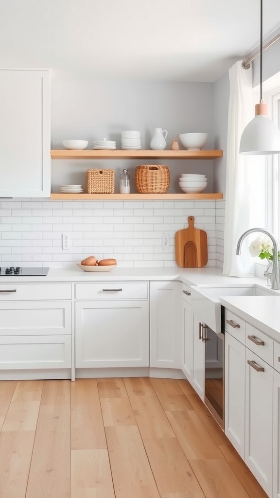 A modern kitchen with white cabinets, wooden shelves, and a light and airy design.