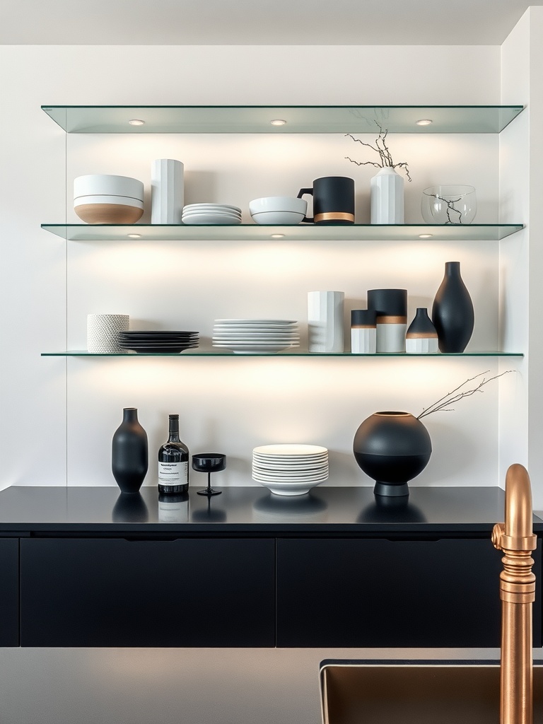 Stylish open kitchen shelves with modern dishware and decorative items