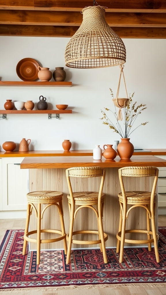 Boho-inspired kitchen island with wooden countertop, woven stools, and decorative pottery.