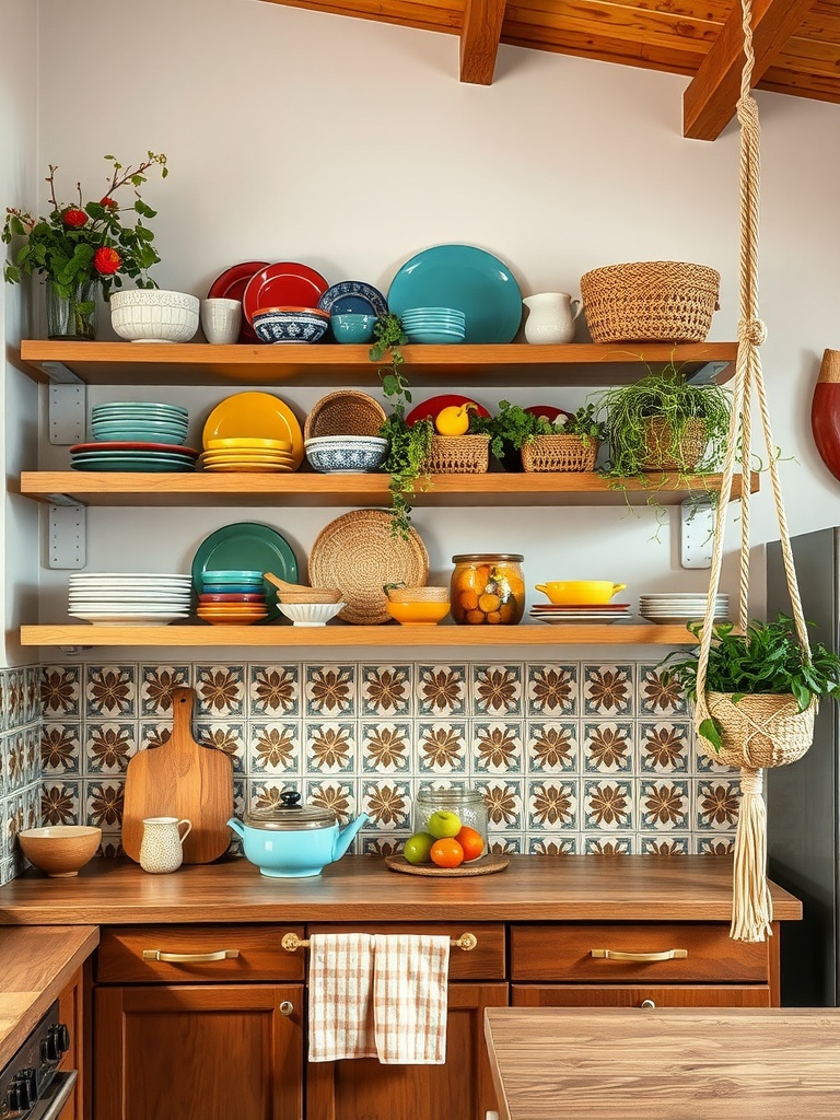 Bright boho-inspired kitchen shelves with colorful dishes, woven baskets, and plants