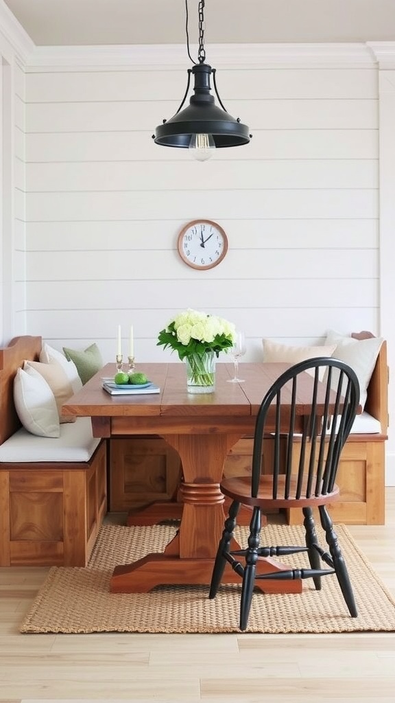 Cozy farmhouse-style kitchen nook with wooden table and benches, light flooring, and a pendant light.