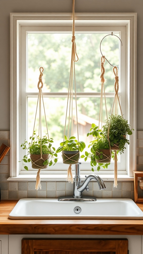 A kitchen window with hanging pots of herbs above the sink, showcasing a vibrant green display.