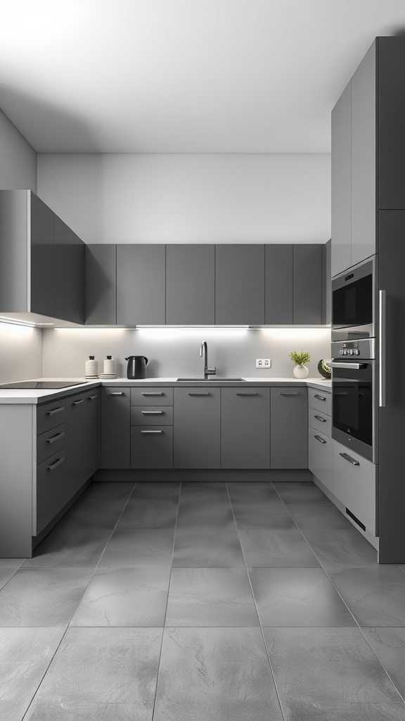 Modern kitchen with grey porcelain tile floor and minimalist grey cabinets.