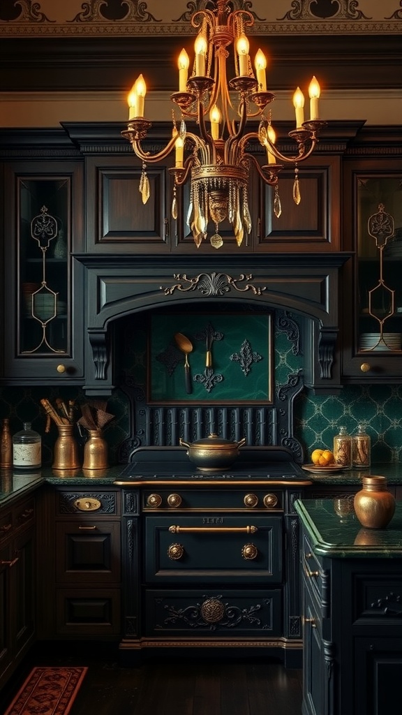 A moody Victorian kitchen featuring dark wooden cabinets, a golden chandelier, and intricate details.