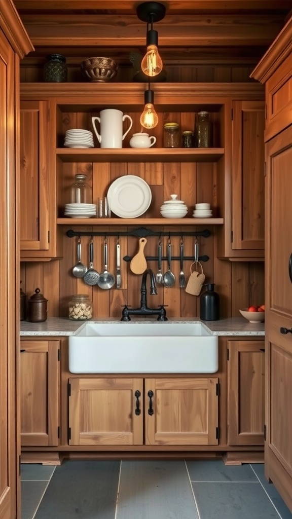 A rustic butler's pantry featuring wooden cabinetry, a farmhouse sink, and open shelves with dishes and utensils.