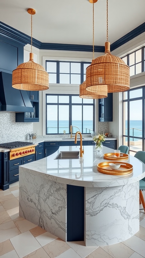 A luxurious coastal kitchen featuring navy cabinetry, a marble countertop, and stunning ocean views.