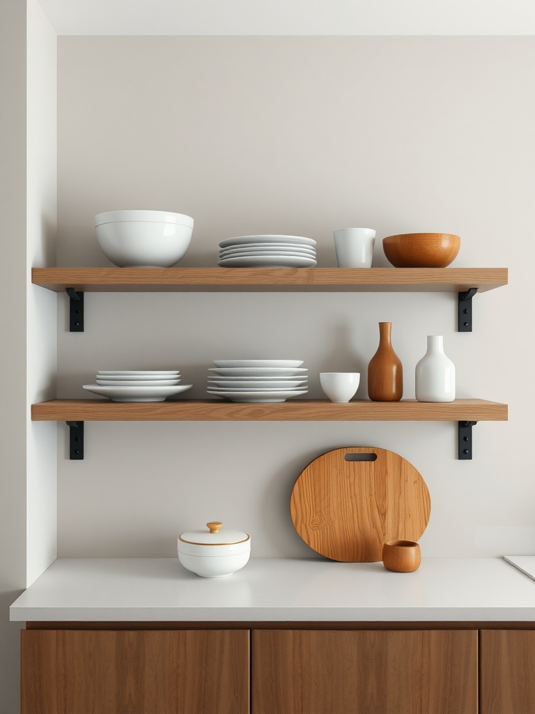 Stylish open kitchen shelves featuring wooden shelves, white plates, and decorative vases.