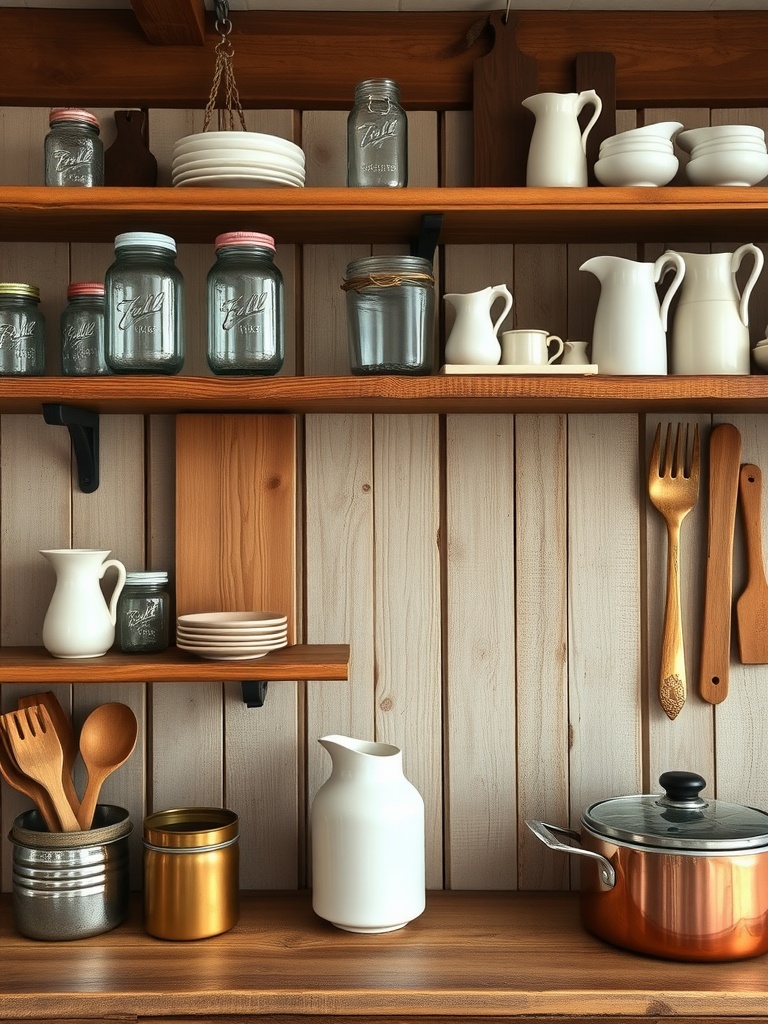 Farmhouse kitchen shelf with glass jars, white dishes, and wooden utensils