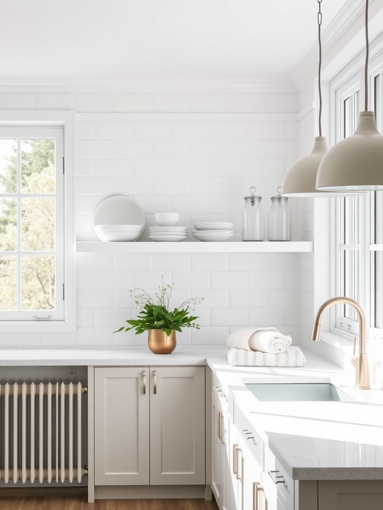 A bright kitchen featuring light and airy open shelving with white plates and glass jars, complemented by a plant and warm wood accents.