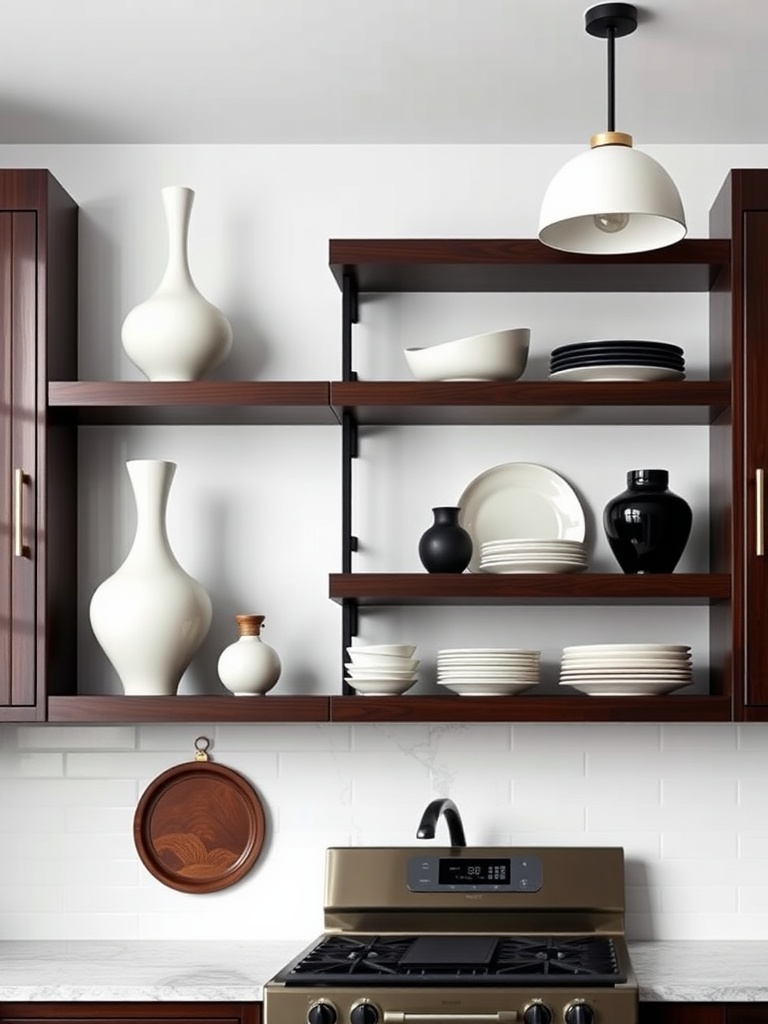 Stylish open kitchen shelves displaying vases and plates in a modern kitchen.