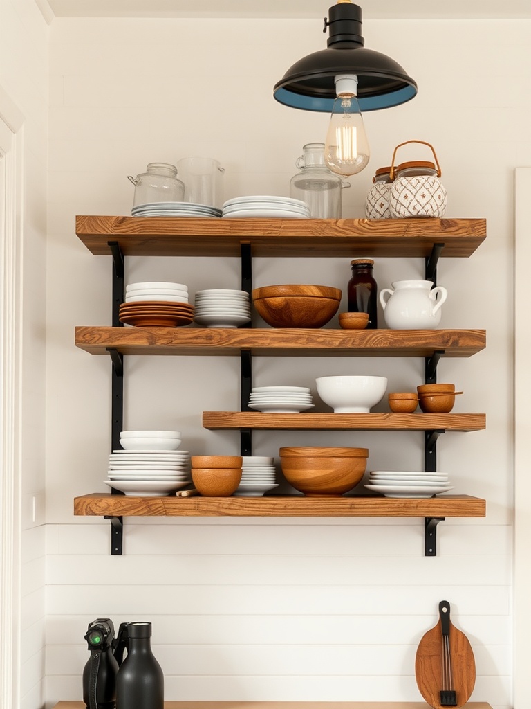 Modern barn-style open kitchen shelves with wooden boards and various types of dishware.