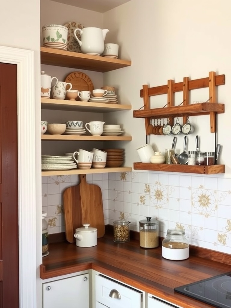 A craftsman-style kitchen featuring open wooden shelves filled with dishes and a hanging rack for utensils.