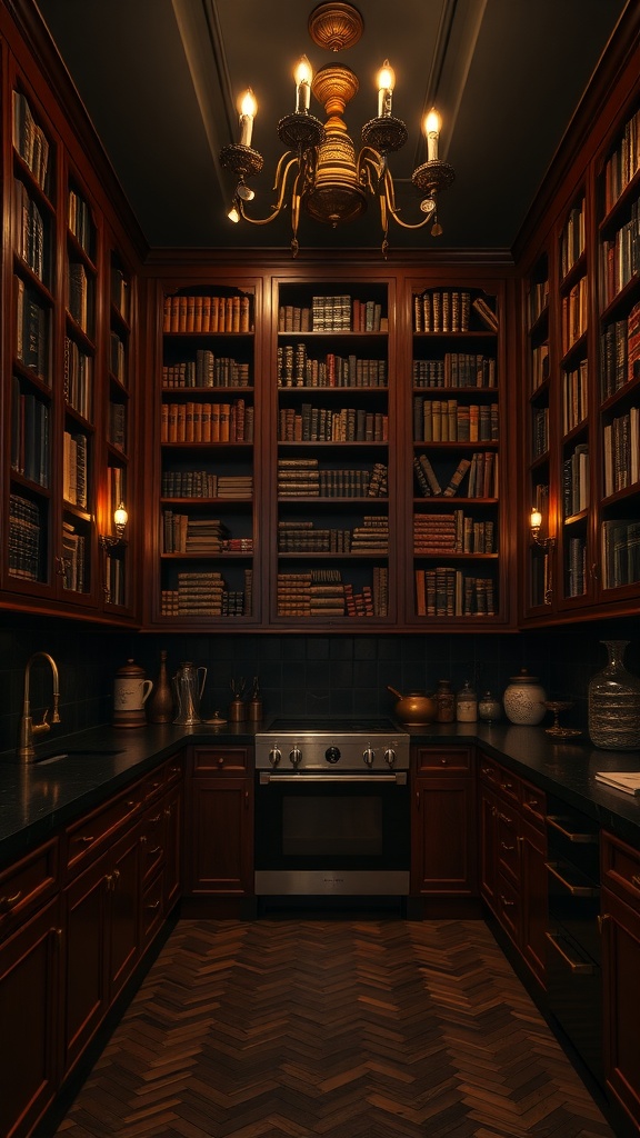 A dark academia kitchen featuring dark wood cabinetry, bookshelves filled with classic books, a chandelier, and modern appliances.