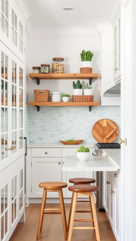 A bright coastal kitchen with open shelves, wooden stools, and a small drop-leaf table.