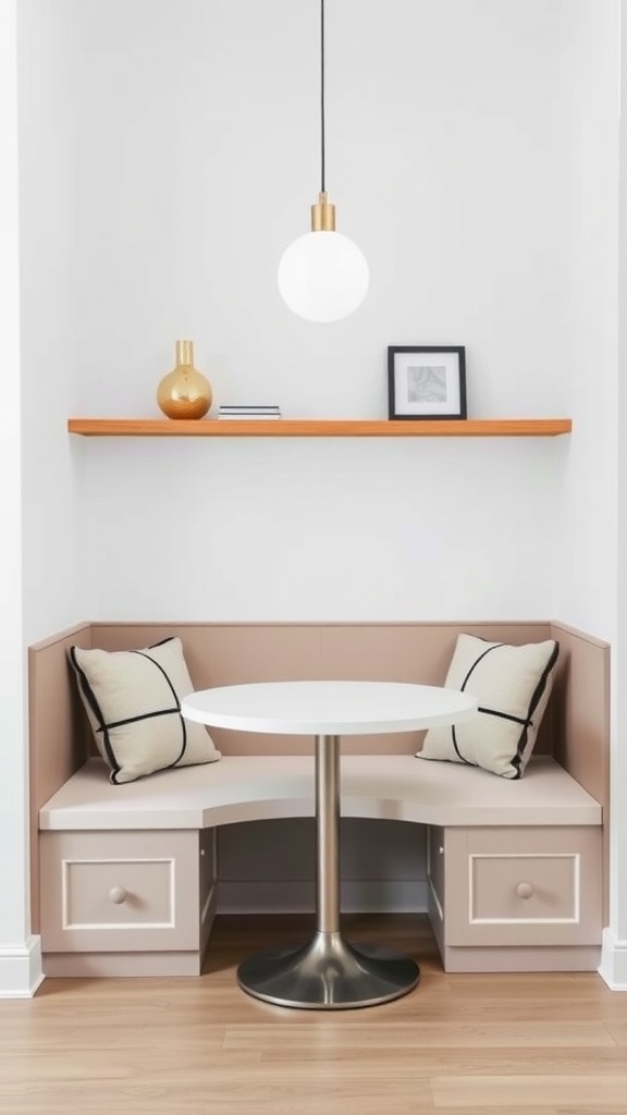 A minimalist kitchen nook featuring built-in seating, a round table, and a modern light fixture.