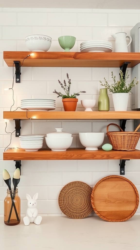 A stylishly arranged kitchen shelf featuring wooden shelves with dishes, plants, and decorative accents for spring.