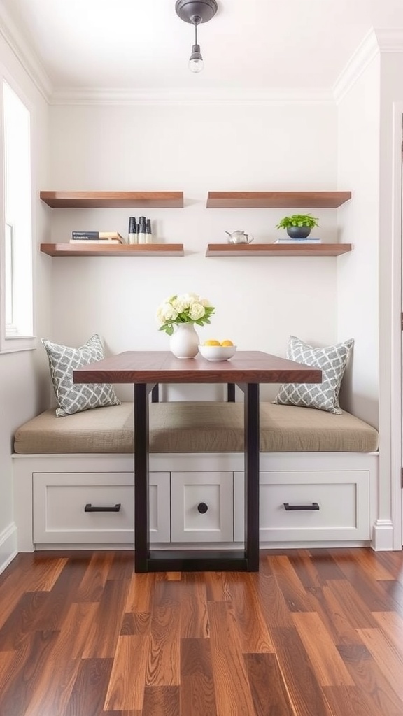 Cozy built-in breakfast nook with storage and floating shelves