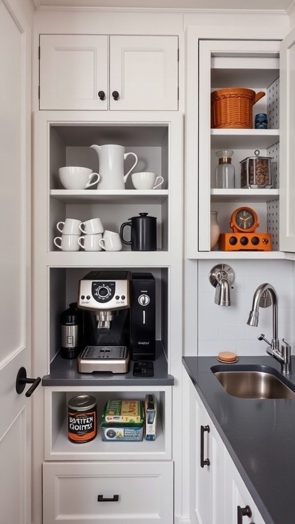 A stylish butler's pantry featuring a built-in coffee station with a coffee machine, grinder, organized mugs, and a small sink.