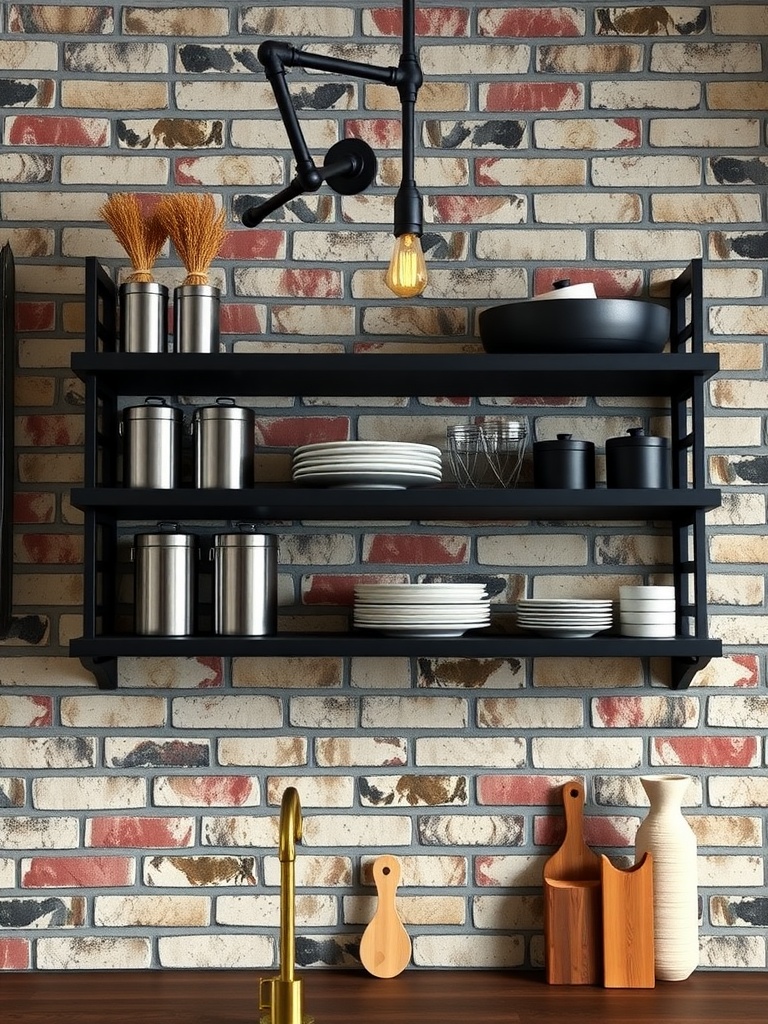 A modern kitchen featuring black open shelves on a brick wall, showcasing a blend of industrial and elegant design elements.