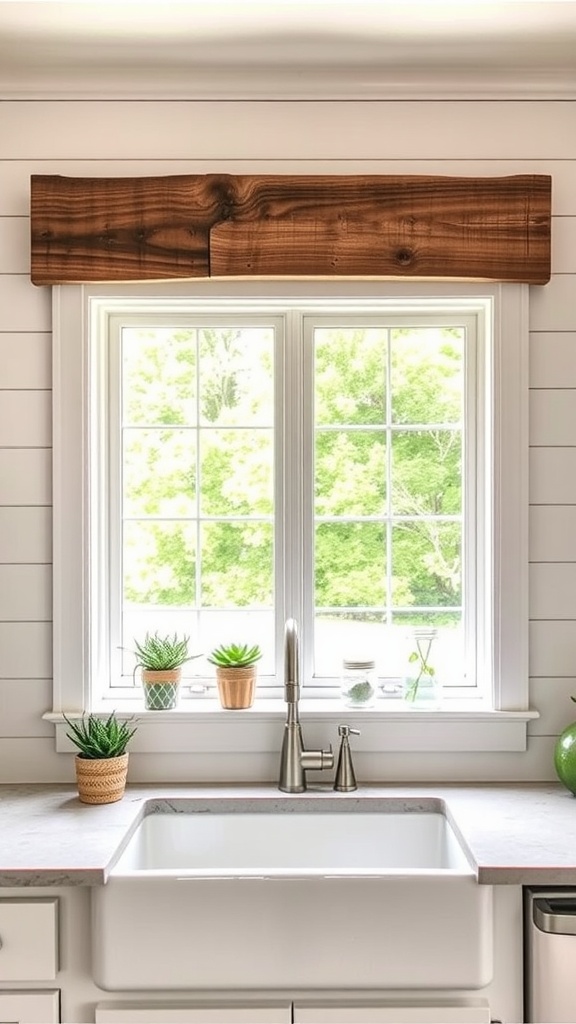 A rustic wooden valance above a kitchen window with potted plants on the sill.