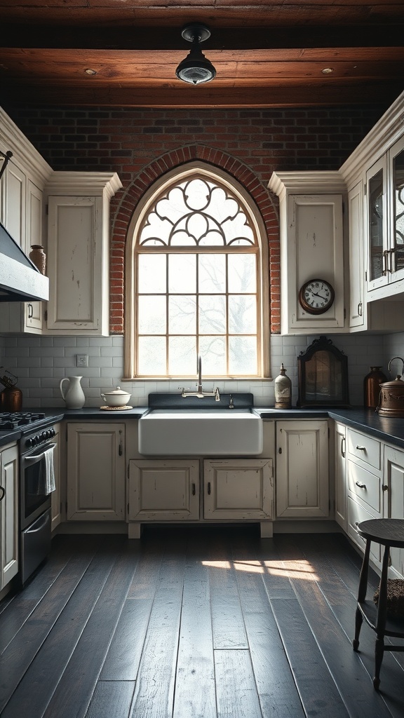 A Southern Gothic kitchen featuring distressed white cabinetry, an arched window, and dark wooden floors.