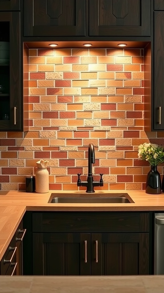 A terracotta tiled backsplash in a kitchen featuring dark cabinets and a modern sink.