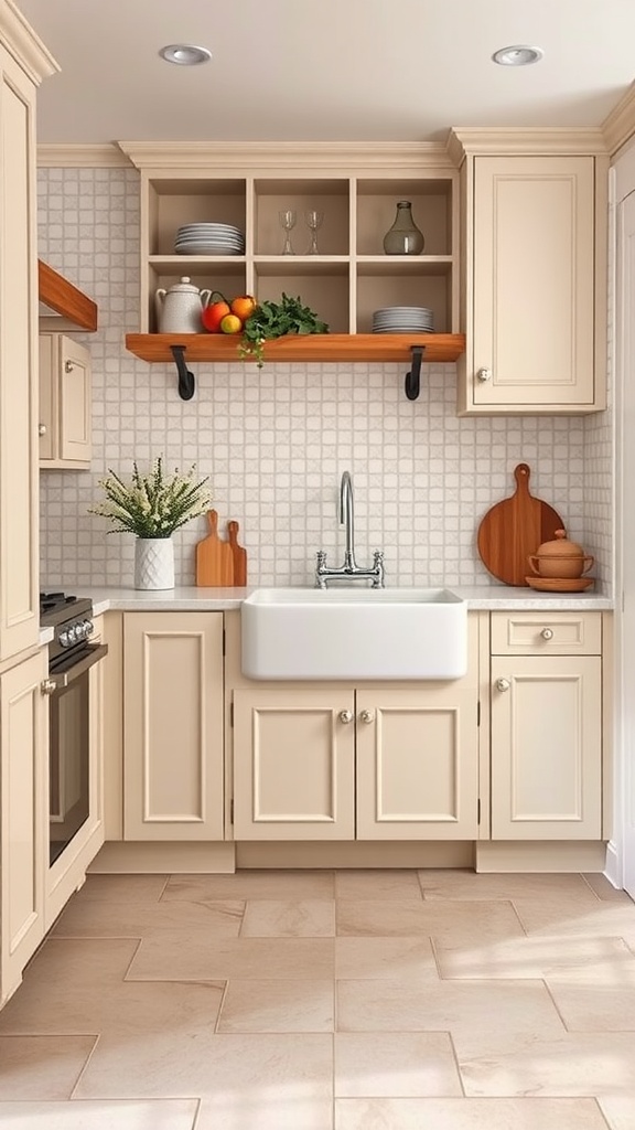 A bright kitchen featuring taupe floor tiles, light cabinetry, and wooden shelves with fruits.