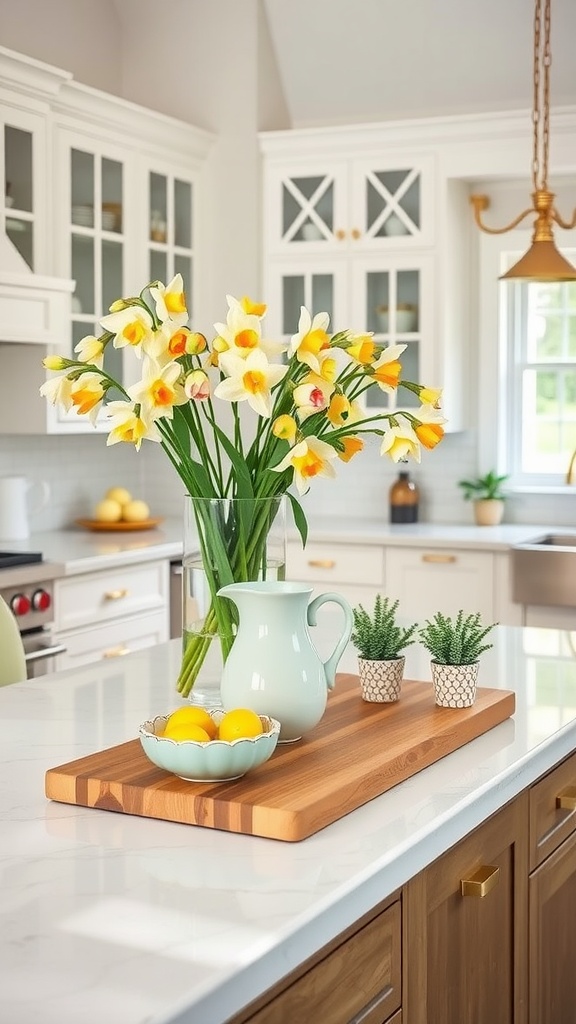 A cheerful spring kitchen island centerpiece featuring yellow and white daffodils in a vase, a light blue pitcher, and a bowl of lemons, with small potted plants.