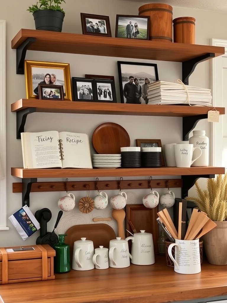 Open kitchen shelves with photos, kitchenware, and a plant