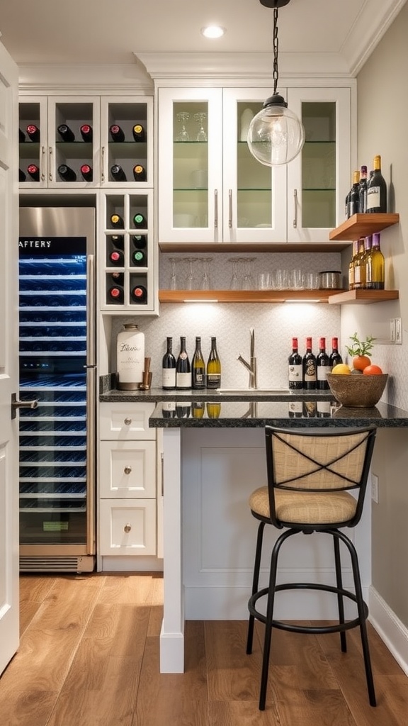 A stylish butler's pantry featuring a wine bar area with a wine fridge, glasses on display, and a cozy seating arrangement.