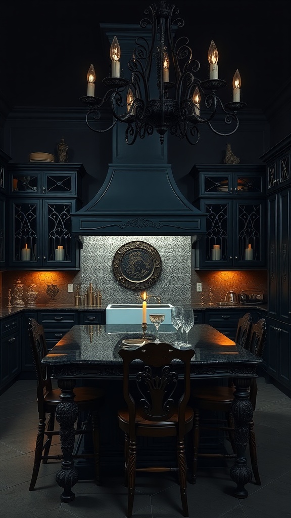 A dark gothic kitchen featuring ornate details, a chandelier, and a cozy ambiance.