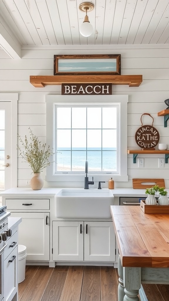 A rustic farmhouse kitchen with a large farmhouse sink, wooden shelves, and ocean view through the window.