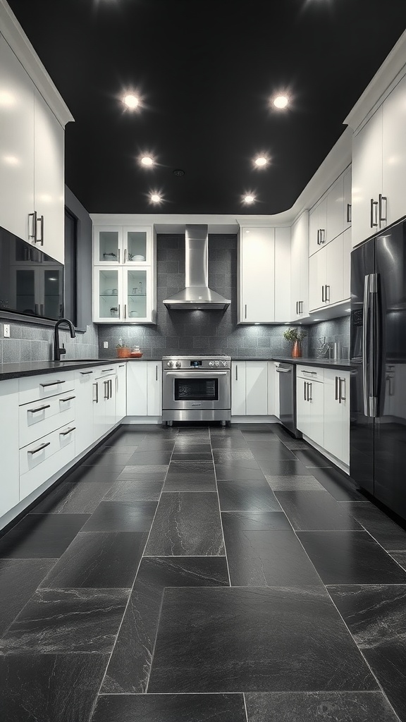 A modern kitchen featuring a black slate floor, white cabinetry, stainless steel appliances, and recessed lighting.