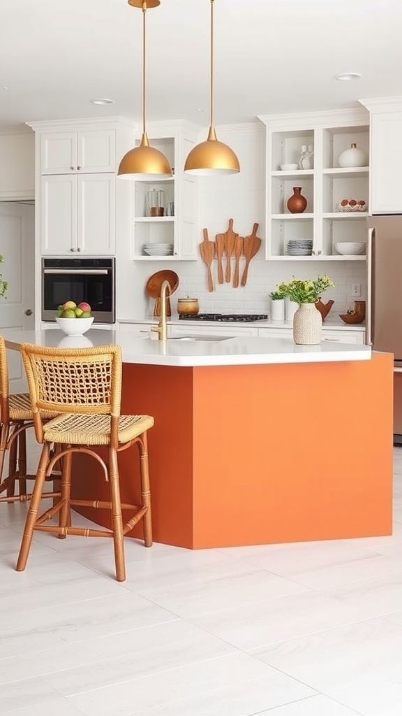 A modern kitchen featuring a terracotta island with white countertops and wicker chairs.