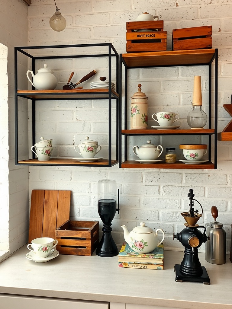 Open kitchen shelves with black metal frames and wooden shelves, featuring tea sets and vintage kitchen items.