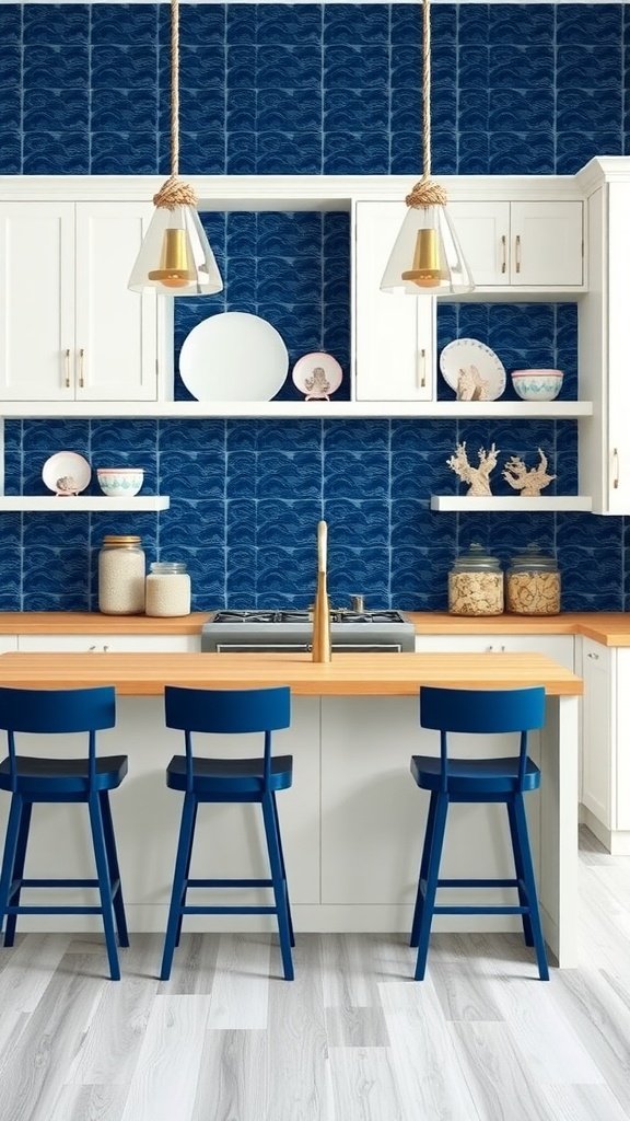 A modern kitchen featuring a deep blue coastal backsplash, white cabinetry, wooden countertop, and blue bar stools.